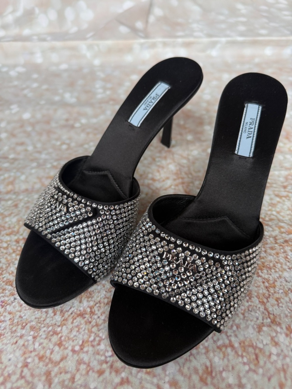 Prada Crystal Embellished Satin Mules